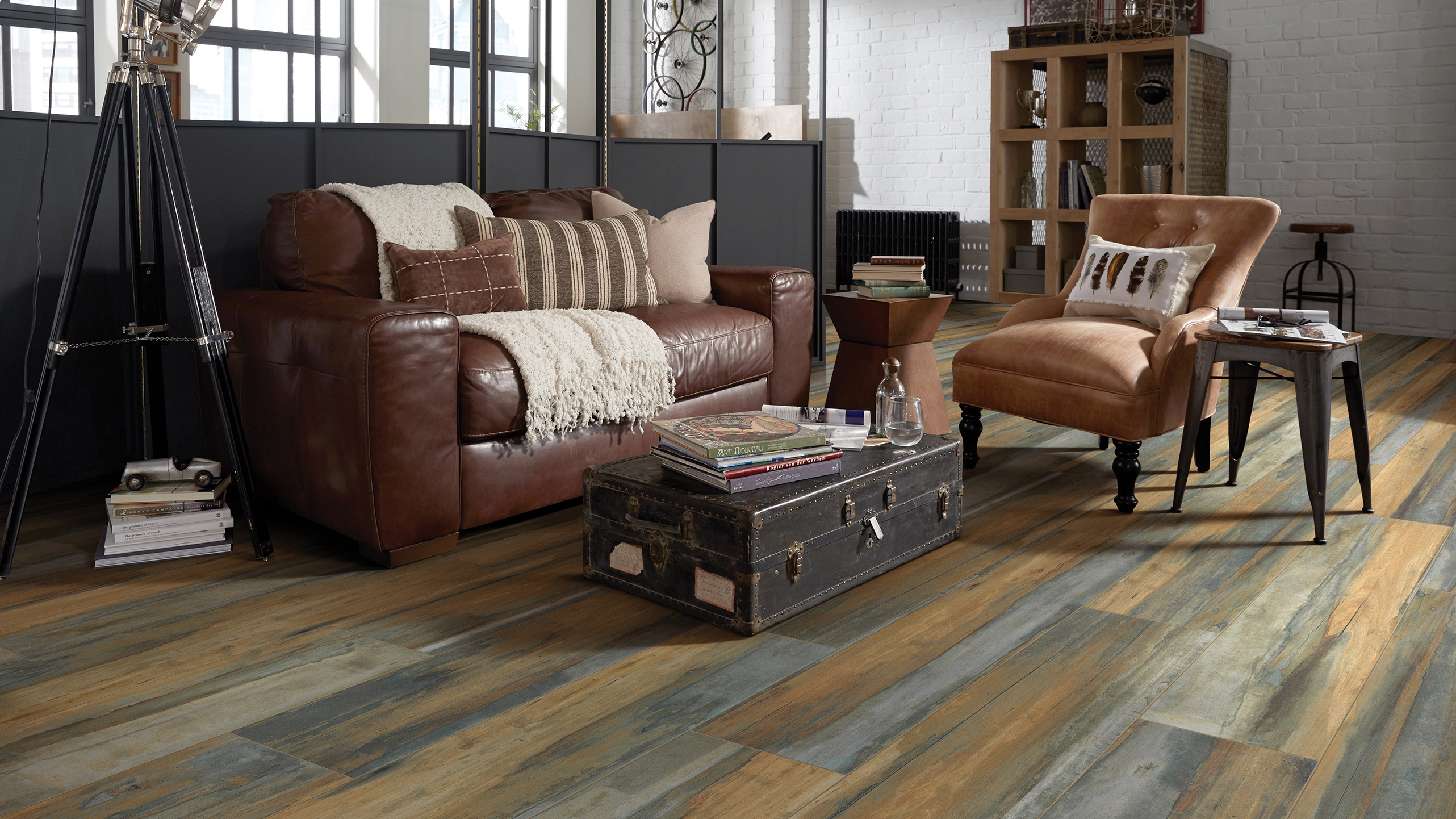 Wood-look tile flooring in a living room.