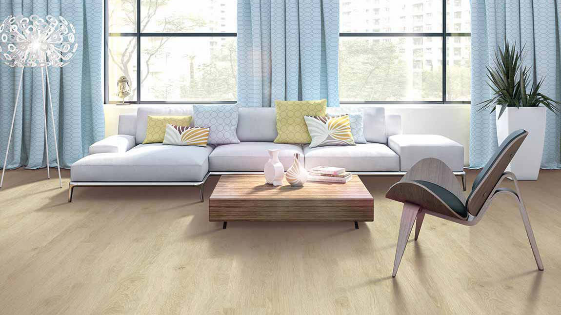Luxury vinyl flooring in a living room, installation services available.